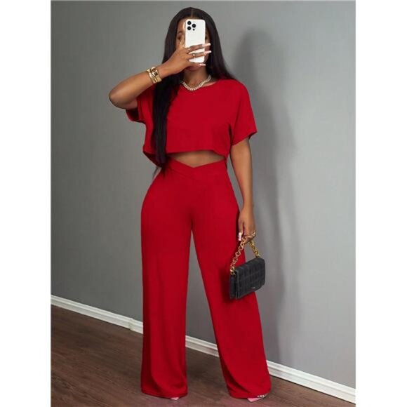 New Spring And Summer Round Neck Raglan Sleeves T-Shirt + Wide-Leg Long Pants